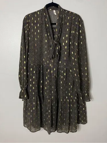 Elan Black Gold Metallic Feather Tie Neck Bow Button-up Bell Sleeve Dress Large