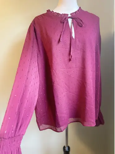 Burgundy Boho Sparkle Whimsi Fairy Flowy XXL Top Long Sleeve Ruffle Romantic Red