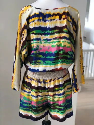 Halston Heritage NWT tie dye silk 3/4 sleeve tie front romper playsuit size 2 XS