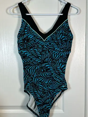 Nike Women's  Black Teal V-Neck Training Athletic Swimsuit Size Large EUC #6206