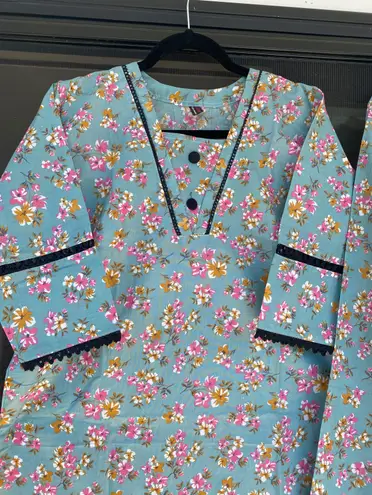 Indian Designer Kurta Palazzo 2pc Set Women Salwar Kameez Ready To Wear Suit Blue Size M