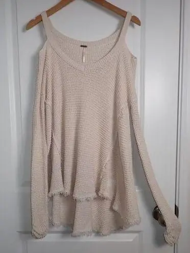 Free People Womens Pullover Sweater Ivory Cold Shoulder V Neck Ribbed Fringe S