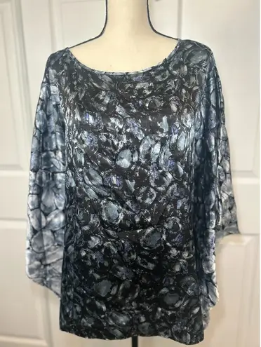 Bob Mackie Wearable Art Poncho Kaftan Blouse Oversized Top Sz 1X Blue Shiny