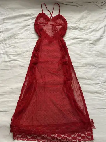 Vintage sheer Red lace maxi dress with high side slits and open back Size small - Image 1