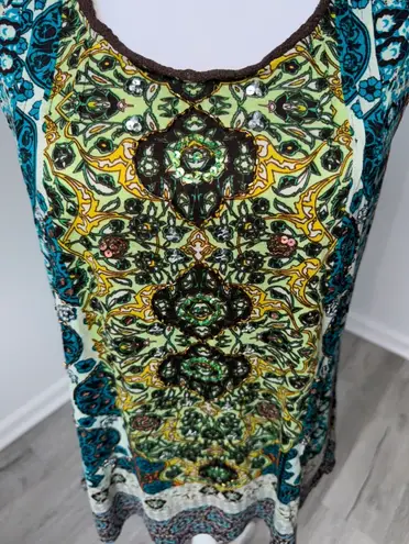 Vtg Bila Boho Tank Top Large Mosaic Print Crochet Strap Sequin India Y2K Multiple