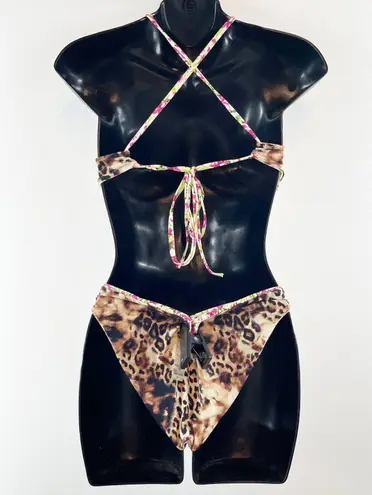 Tinibikini Leopard Floral Reversible Bikini High Neck Set Brown Pink Medium