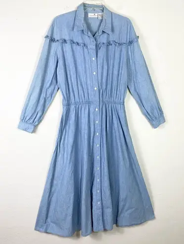 Vintage Liz Claiborne Light Wash Denim Ruffle Trim Long Sleeve A Line Dress 14 Blue