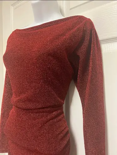 UNBRANDED Red Off Shoulder Glitter Bodycon Midi Party Dress Size M
