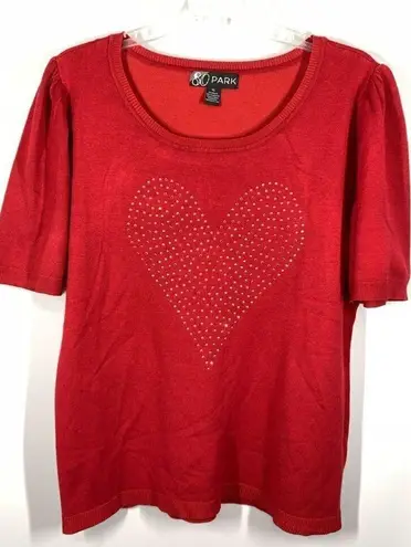 80 Park Women's Rhinestone Heart Short Sleeve Blouse Red Size XL