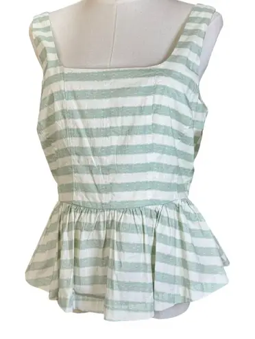 Avec Les Filles Striped Peplum Tank Top White & Sage Green – Size L– NWT