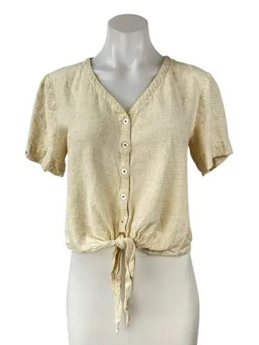 Lilla P Women Yellow Linen Short Sleeve V Neck Button Up Tie Hem Blouse Top Sz S