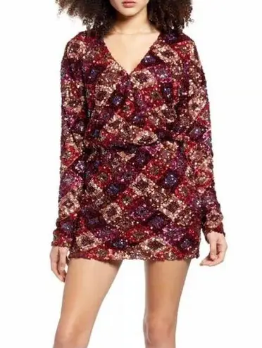 Endless Rose Women Dress Pink Mini V Neck Overall Sequin Long Sleeve Party Large