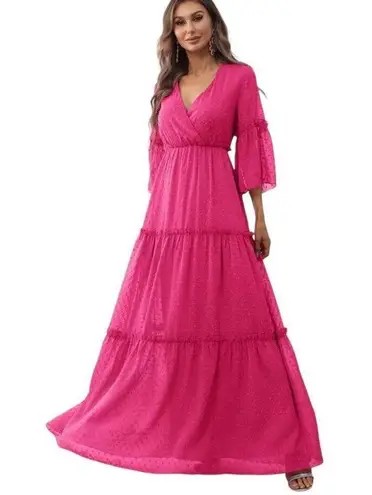 Faeriesty Swiss Dot Surplice Neck Flounce Sleeve Ruffle Hem Dress