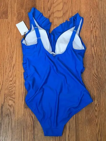 DKNY  Ruffle Plunge Underwire Tummy Control One-Piece Swimsuit Blue size 16 NWT