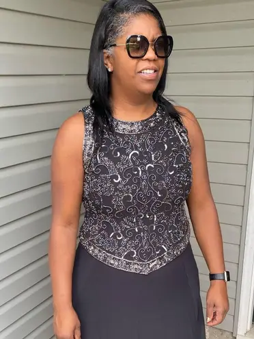 JKara New York dress Petite Black Long Beaded crew neck Detail Dress Size 14P