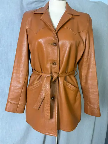 Vintage 60s/70s Custom Coats Deerskin Belted Leather Jacket Tan Caramel L Brown Size L - Image 1