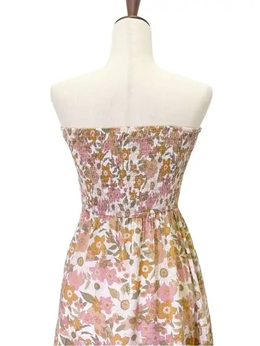 Petal and Pup  Strapless Retro Floral Midi Dress Tan Pink Cream Size 4 70s Boho