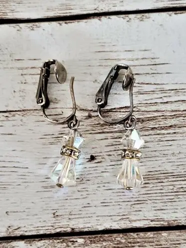 Vintage Clip On Earrings Iridescent Dangle with Clear Stone Accent