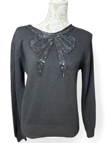 Amanda Smith Black Silk Bow Beaded Sequin Festive Sweater Glam Size Large Petite