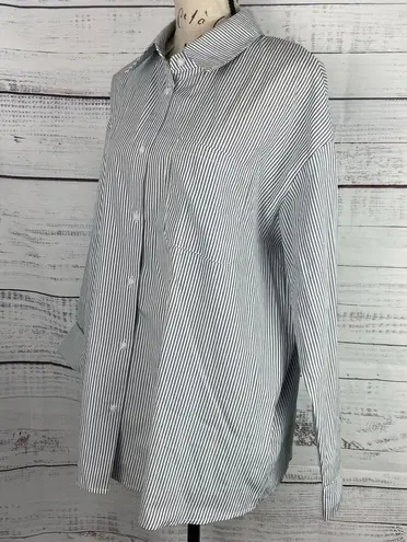Aisew Button Front Shirt Womens L Pin Striped Long Sleeve Collared Gray NEW Size L