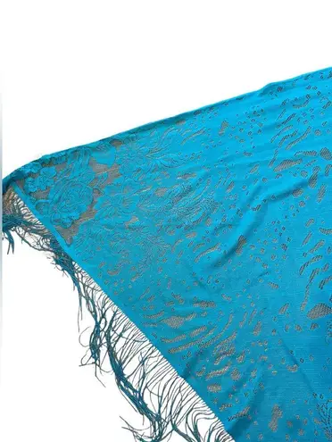 Ethereal Boho Witch Hippie Romantic Blue Sheer Floral Fringe Bandana Lace Shawl