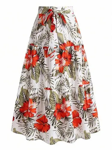 Shein Curve Tropical Floral Maxi Skirt Tiered Ruffle Tie Waist 2XL multicolor White Size 2X