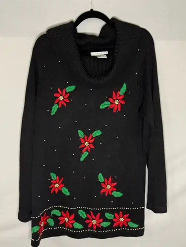 Victoria Jones Vintage Womens Beaded Ugly Christmas Sweater Poinsettias Medium