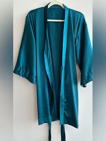 Bridesmaid Teal and Gold Silky Bathrobe, Size S/M Blue