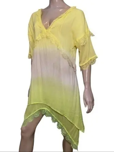 Pink Memories Women’s Size 42 L Yellow Green Tan Tie Dye Lace Trimmed Dress Size L