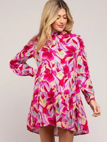 JODIFL Colorful Magenta Pink Floral Patterned Ruffle Mock Neck Dress