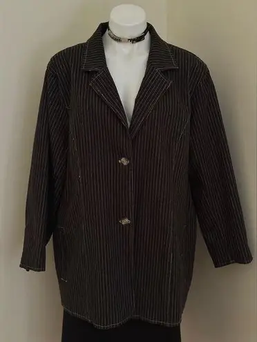 Denim & Co  Black & White Stripes 3/4th Sleeves  2 Button Denim Jacket Sz 2X