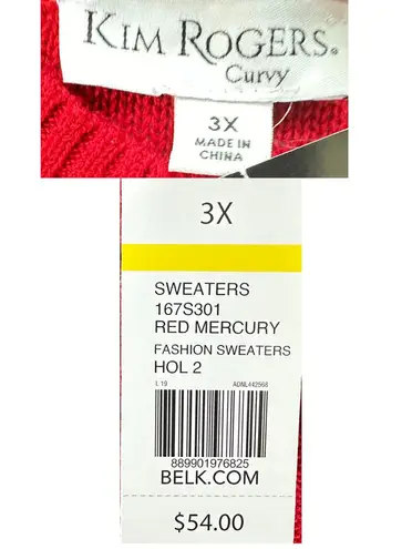 kim rogers  Women's NWT Curvy Plus SZ 3X Cherry Red Cable Knit Pull Over Sweater