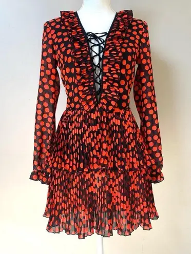 DELFI Collective KIKI lace up ruffled long sleeve ruffle Polk dot minidress XS Red