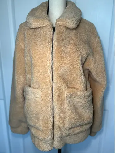 Elodie Womens Cozy Sherpa Fleece Teddy Jacket Full Zip Pockets Size Medium Beige