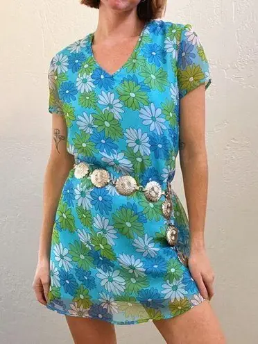 Vintage Blue  Daisy Floral Print Short Sleeve Mini Mod Dress