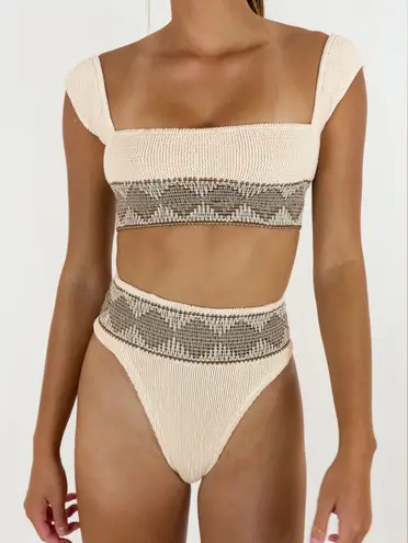 Elysiian  overlay boho bikini top and bottom set in sand one size thumbnail 1