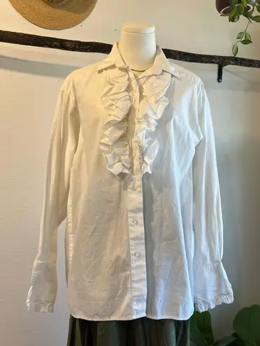 Oversized 90s White 100% Cotton Ruffled Collared Long Sleeve Shirt Size Medium