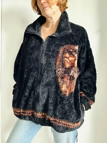 Vintage 90s Fleece Bomber Jacket XL Indian Chief Bear Ridge Unisex Cozy USA Black