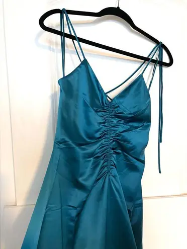 Jason Wu  Teal Turquoise Satin Tie Strap low black slip midi dress ruched XS