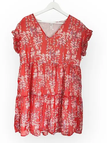 ePretty NWT Floral Tiered V Neck Ruffle Sleeve Mini Dress Red White Size Medium