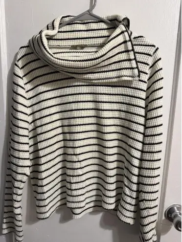 Lilla P Sweater Womens Medium White Striped Slouch Neck Long Sleeve Waffle Knit Size L