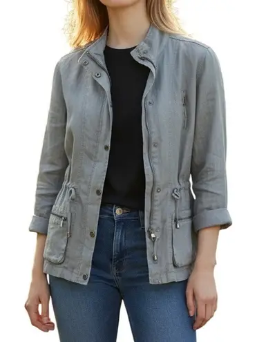 Artisan NY Utility Jacket Small Gray Linen Zip Snap Cargo Pocket Coat Adjustable