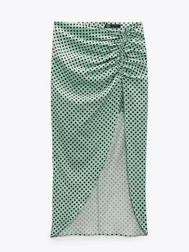 ZARA  Polka Dot Side Slit Linen Blend Midi Skirt