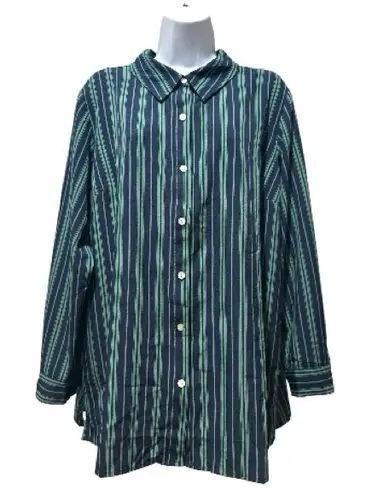 Susan Graver Navy Green Stripe Button Front Blouse LP Collared Stretch Top