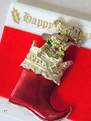 Vintage Gerrys Christmas Brooch Pin Poodle Puppy Dog in Santa Boot Red