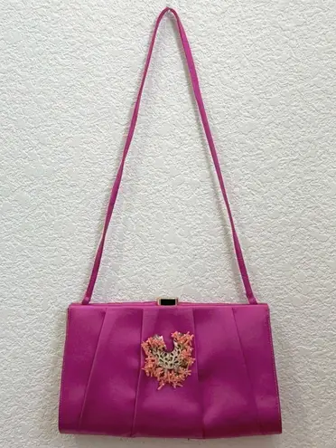 Oscar de la Renta Pink Satin Coral Bead Embellished Clutch Evening Shoulder Bag