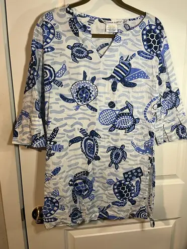 Gretchen Scott Blue Cotton Tunic Top Sea Turtle Theme Side Slits Size Medium