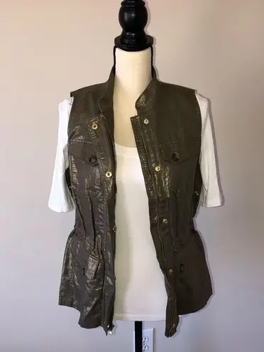 Chico's Metallic Foiled Linen Utility Cargo Vest Olive Green Gold Size 0 Small 4