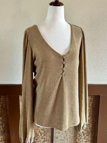 Boston Proper  Gold Metallic V-Neck Puff-Sleeve Knit Jersey Blouse Sz Medium NWOT