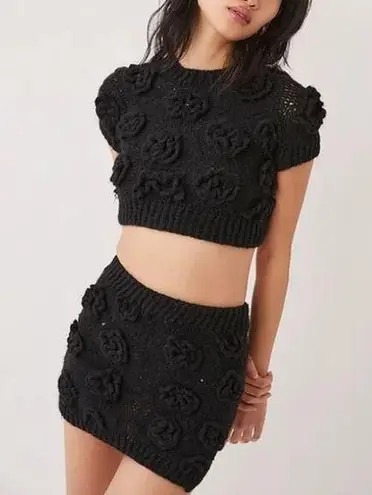 Tach Clothing Women’s Polina Top Elena Crochet Knit Skirt Set Black Rosettes S